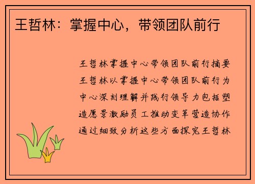 王哲林：掌握中心，带领团队前行